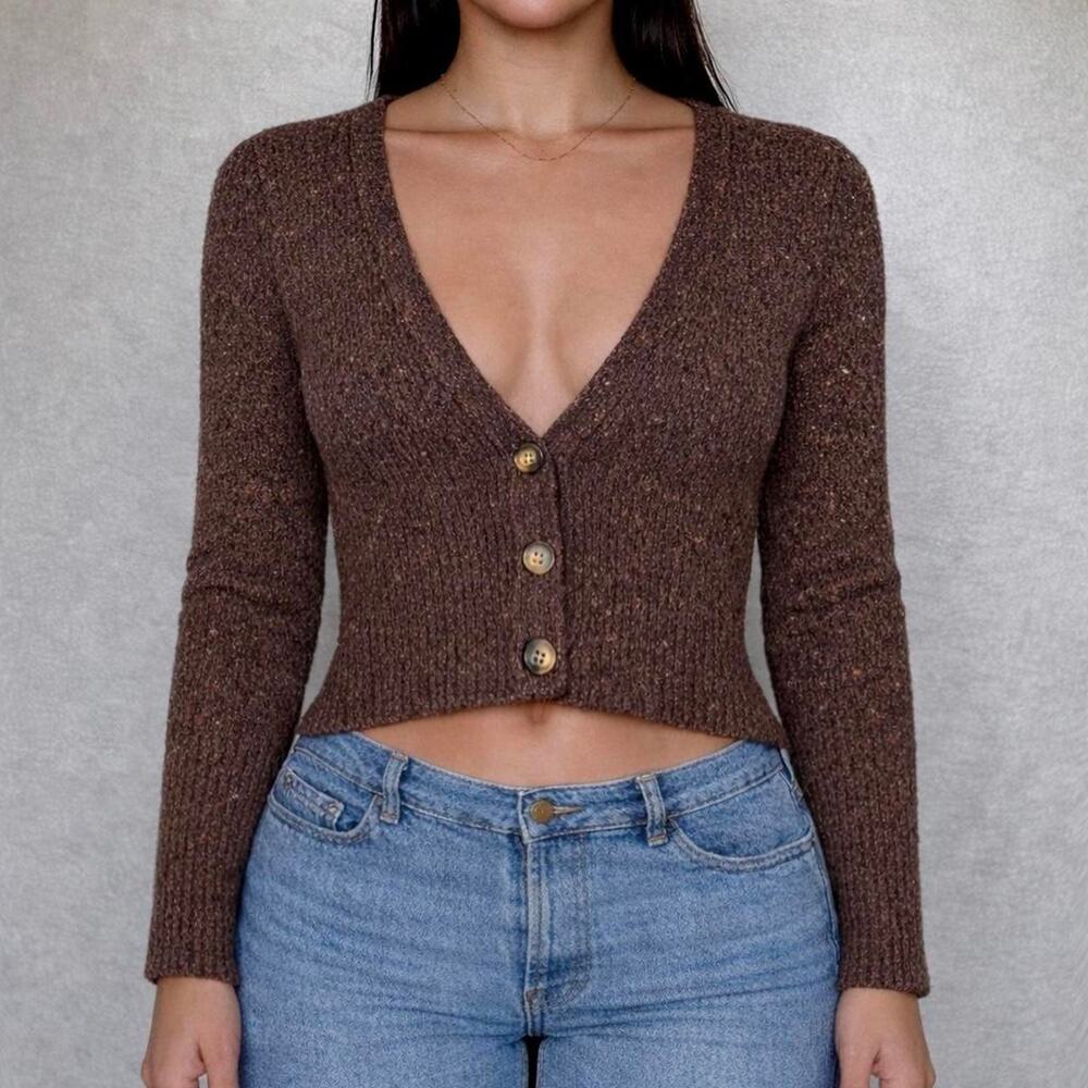 VINCE 100% Cashmere Brown Speckled Cropped Cardigan Quiet Luxury Sweater Size L
